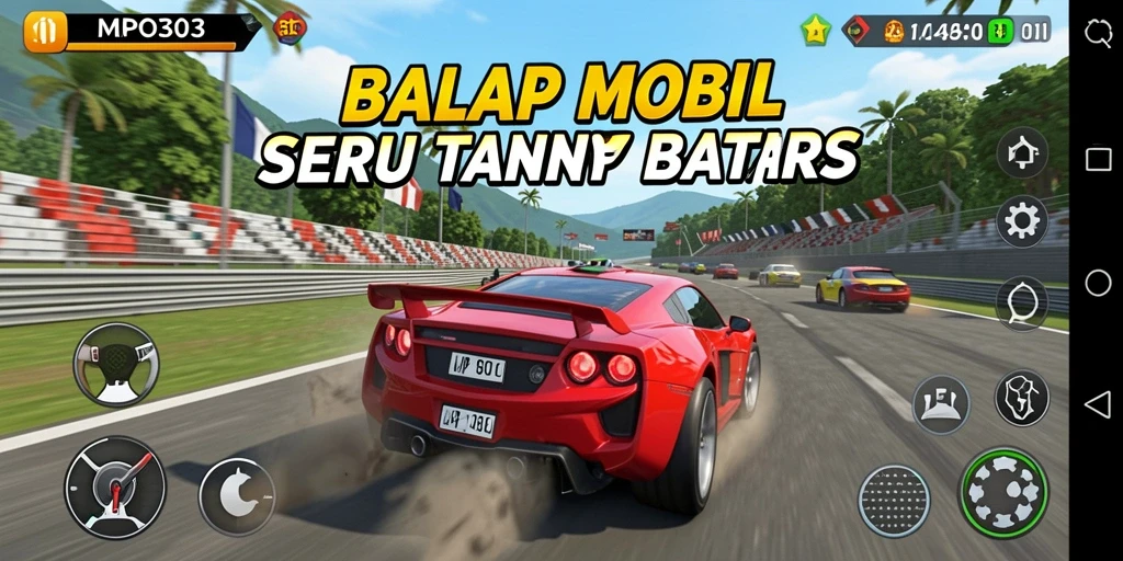 Screenshot MPO303 menampilkan aksi balapan mobil yang menegangkan.