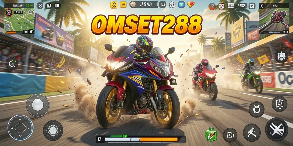 Tangkapan layar gameplay OMSET288 menunjukkan aksi balapan motor yang mendebarkan.