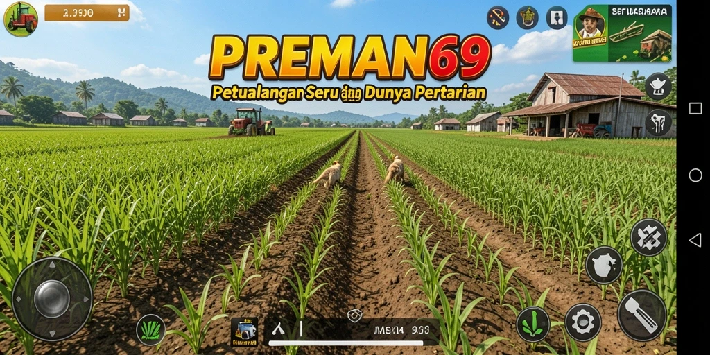Screenshot gameplay PREMAN69 menampilkan aktivitas bertani yang seru dan penuh warna.