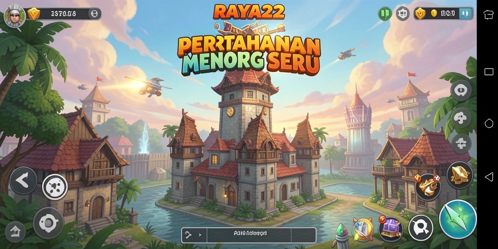 Screenshot gameplay RAYA22 menampilkan pertahanan menara yang epik.