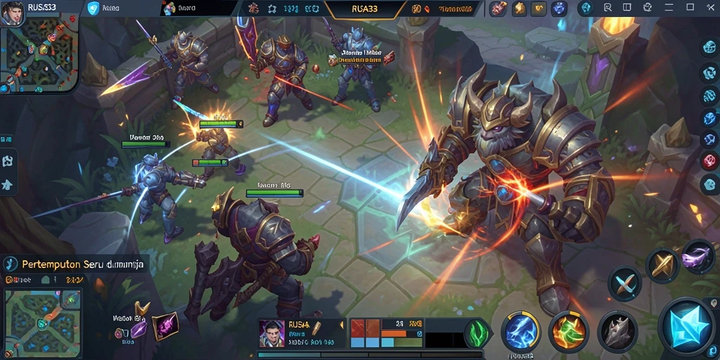 Tangkapan layar gameplay RUSA33 menampilkan aksi pertempuran MOBA yang dinamis.