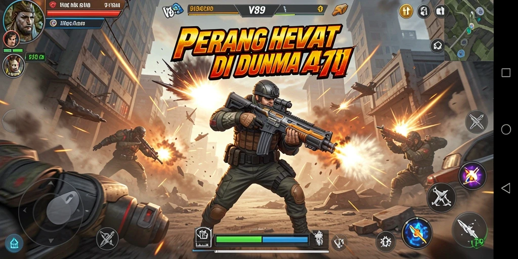 Tampilan gameplay V89 yang intens dan penuh aksi di medan perang.