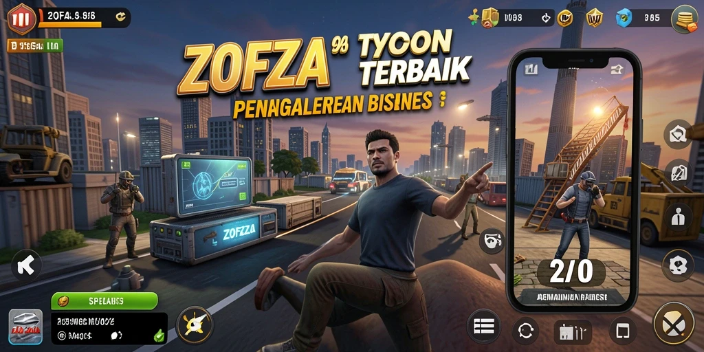 Screenshot gameplay ZOFAZA menampilkan pengelolaan bisnis yang seru.